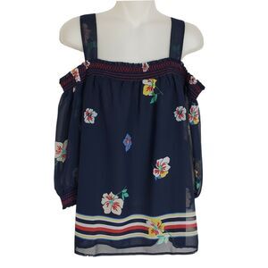 Tommy Hilfiger Womens Top Medium Cold Shoulder Dark Blue Floral Striped Pullover